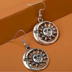 Silver Moon Sun Boho Vintage Fish Hook Dangle Earrings